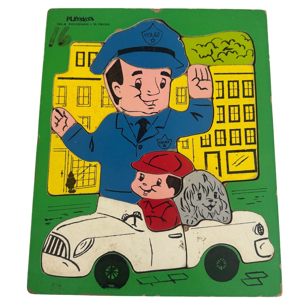 Playskool Policeman 16 Piece Wooden Jigsaw Puzzle Vintage 195-6 Board‎